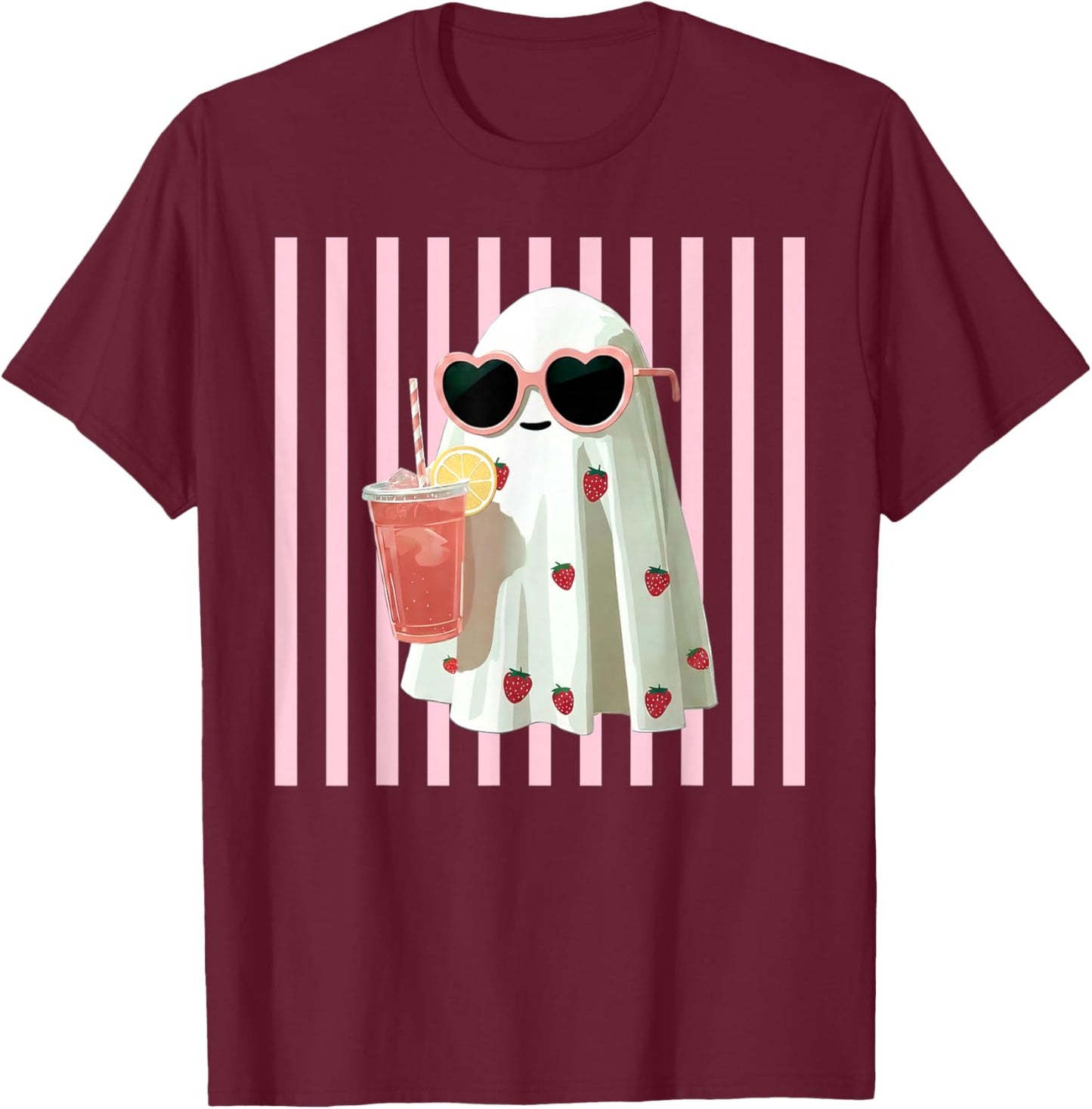 Pink Striped Cute Ghost Summer Fruit Juice Hawaii Summerween T-Shirt - T-Shirt | Maroon