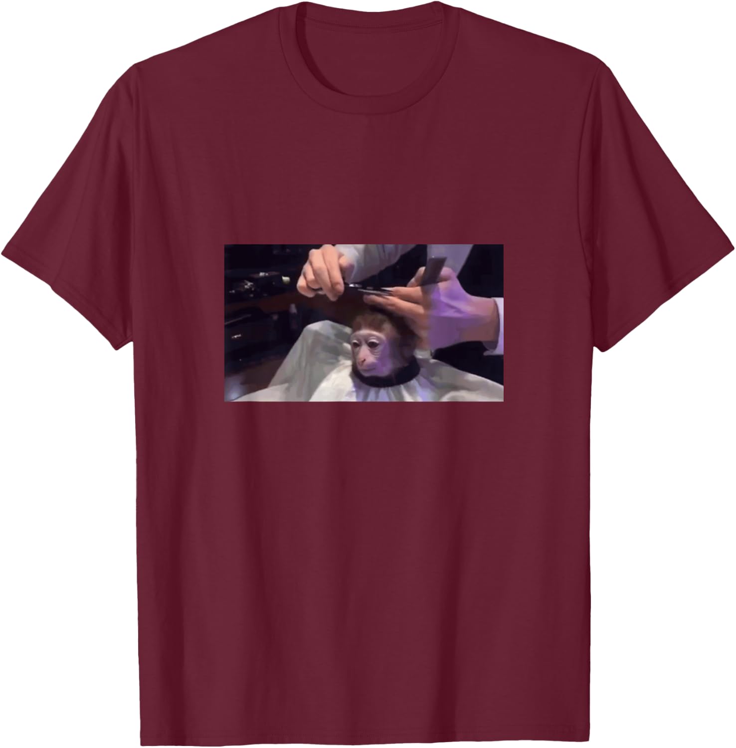 Funny Dank Meme Monkey Getting Haircut T-Shirt - T-Shirt | Maroon