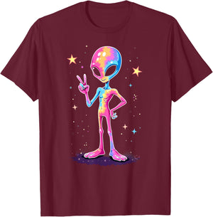 Hippie Tie Dye Alien Peace Sign Halloween T-Shirt - T-Shirt | Maroon