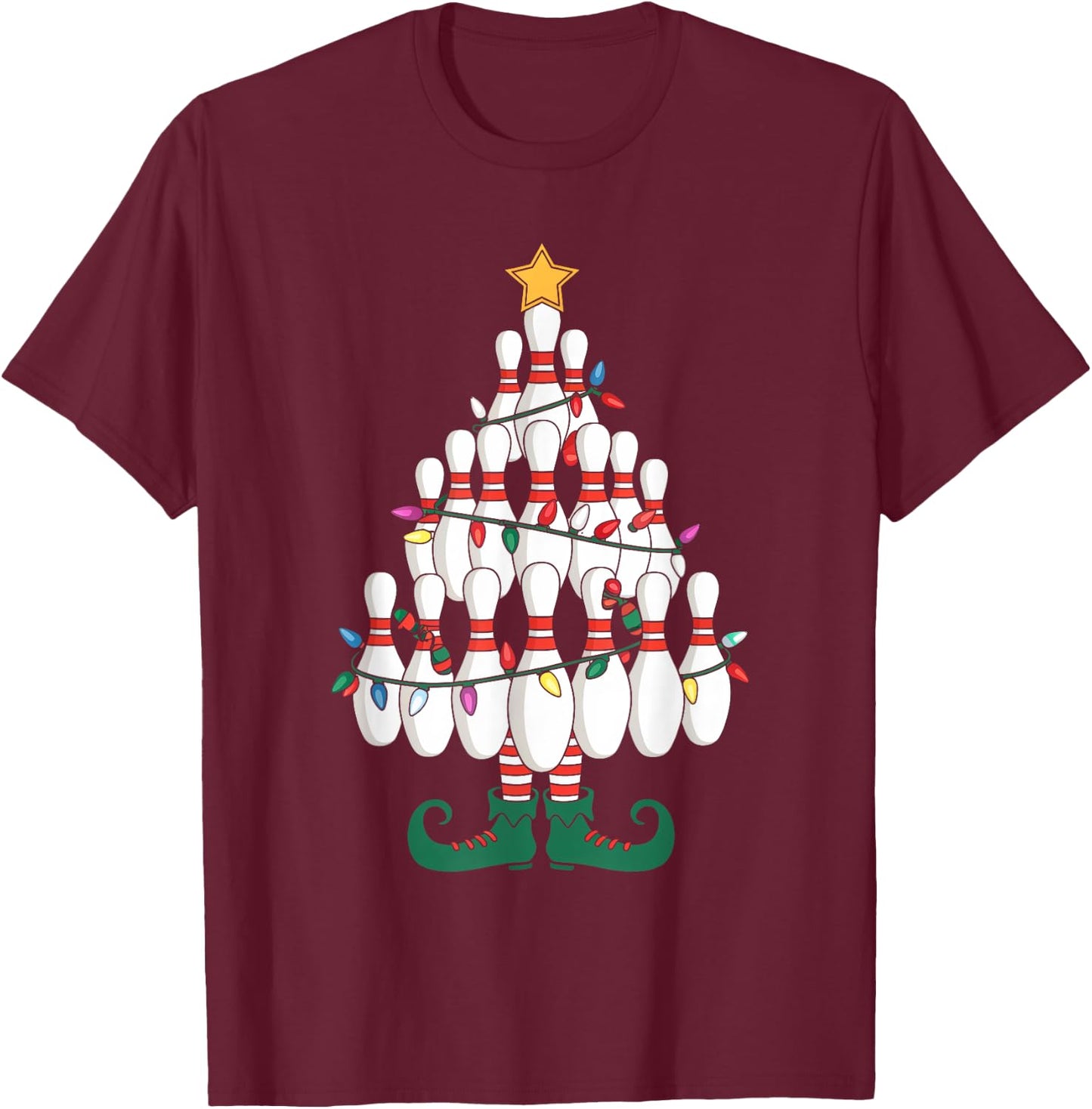 Bowling Elves Pin Strike Christmas Tree Lights Xmas Party T-Shirt - T-Shirt | Maroon