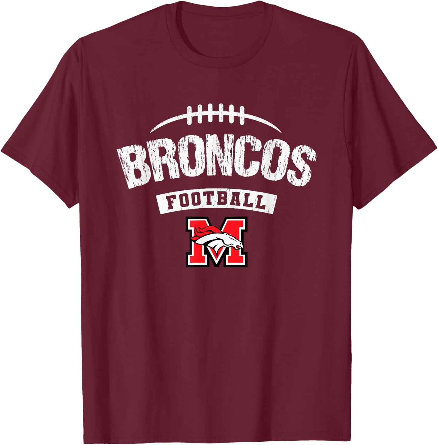 Mustang Broncos Logo Football Distressed HS T-Shirt - T-Shirt | Maroon