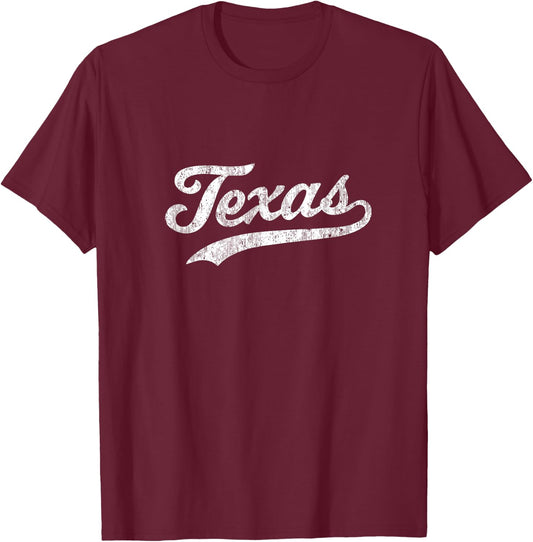 Texas TX Vintage Baseball Sports Script T-Shirt - T-Shirt | Maroon
