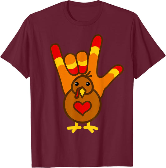 ASL I Love You, Thanksgiving Turkey Shirt T-Shirt - T-Shirt | Maroon