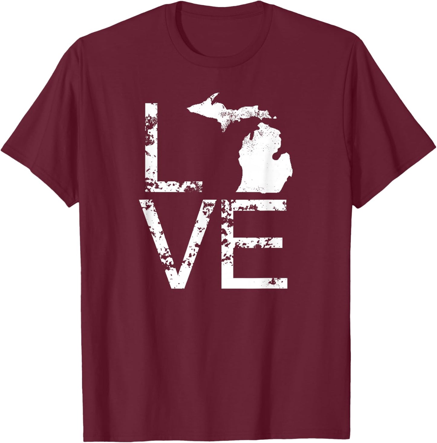 Michigan Love MI State Home Pride Map Distressed T-Shirt - T-Shirt | Maroon