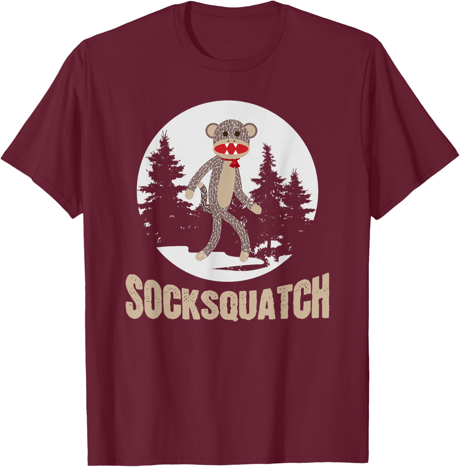 Funny Bigfoot Sighting Sock Monkey Sasquatch Socksquatch T-Shirt - T-Shirt | Maroon