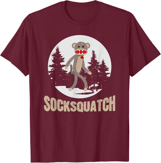 Funny Bigfoot Sighting Sock Monkey Sasquatch Socksquatch T-Shirt - T-Shirt | Maroon