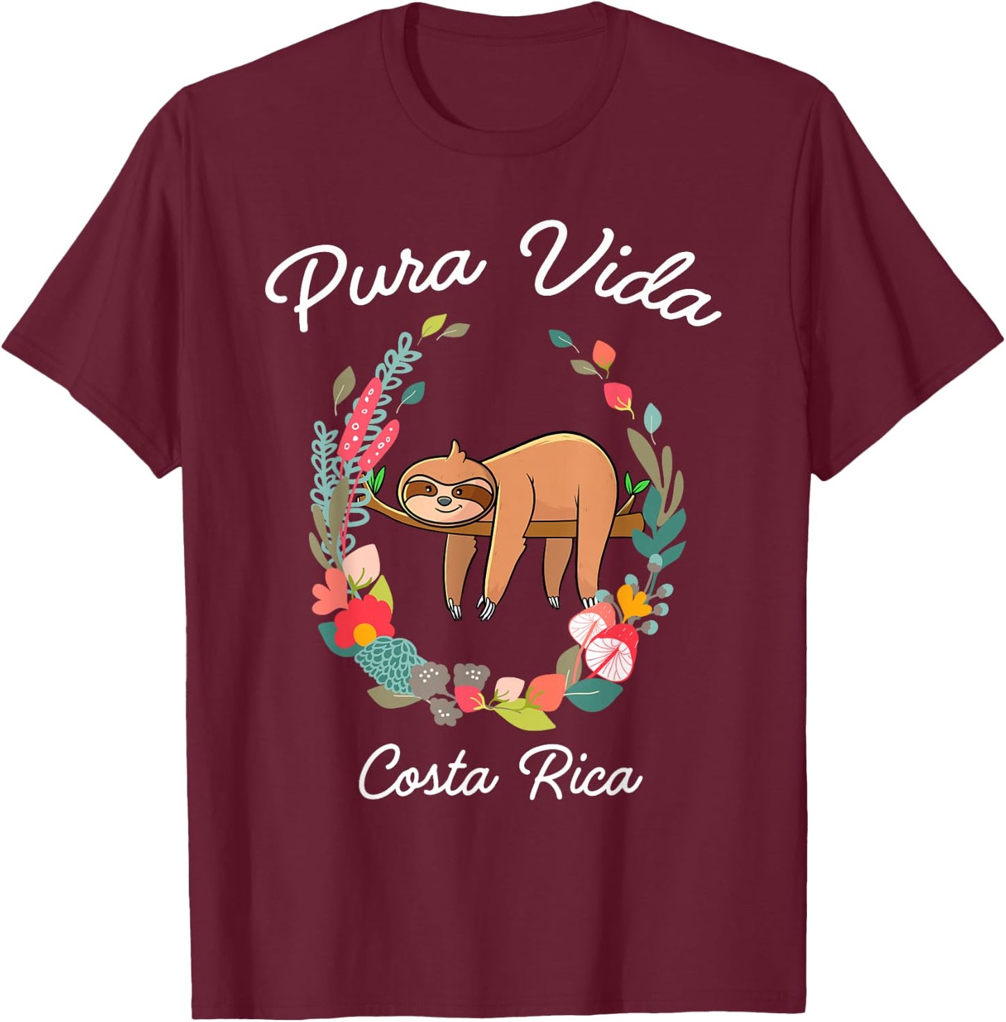 Costa Rica Pura Vida Sloth T-Shirt - T-Shirt | Maroon