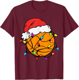 Basketball Santa Claus Hat Christmas Light Xmas Boys Kids T-Shirt - T-Shirt | Maroon