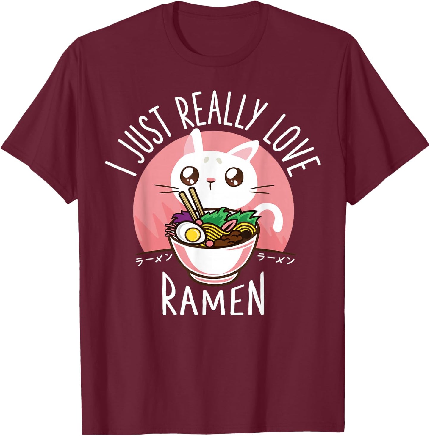 Funny Cat Ramen Anime Merch Kawaii Clothes Graphic Men T-Shirt - T-Shirt | Maroon