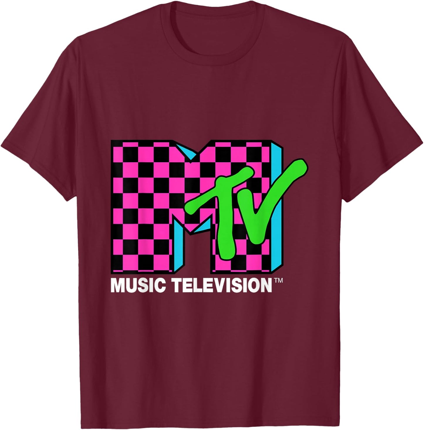 Classic MTV Logo Pink and Blue Checker Design T-Shirt - T-Shirt | Maroon