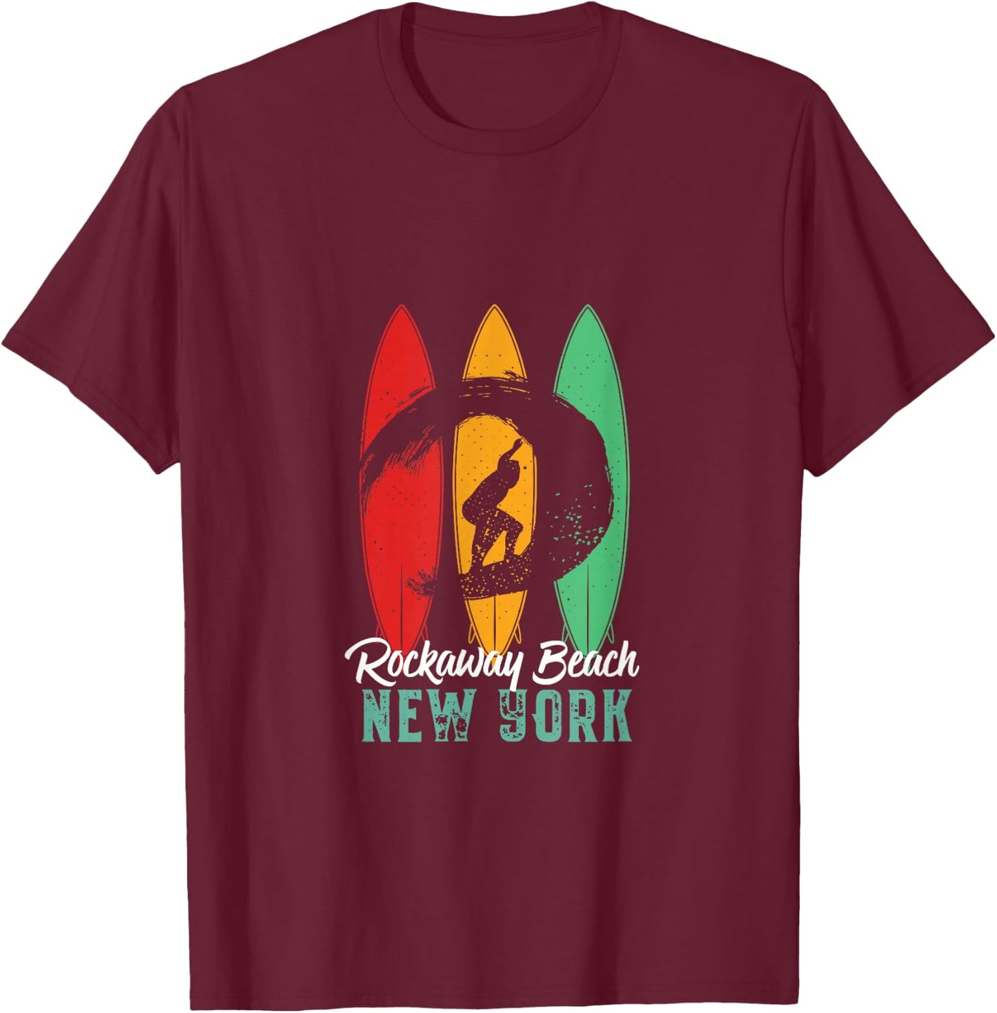 Rockaway Beach New York Vintage Surfing Sports T-Shirt - T-Shirt | Maroon