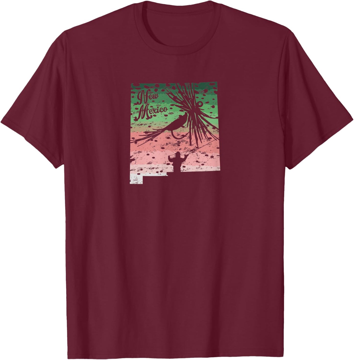 Vintage Big Fly Rainbow Trout New Mexico Map Fly Fishing T-Shirt - T-Shirt | Maroon