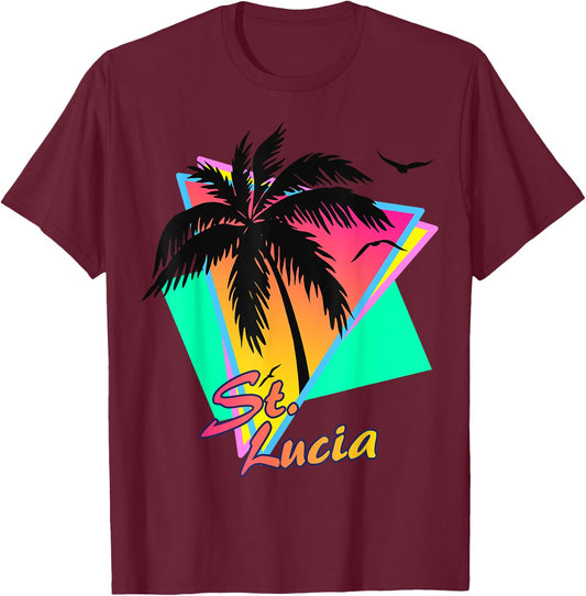 St. Lucia 80s Tropical Summer Beach Palm Tree Sunset T-Shirt - T-Shirt | Maroon