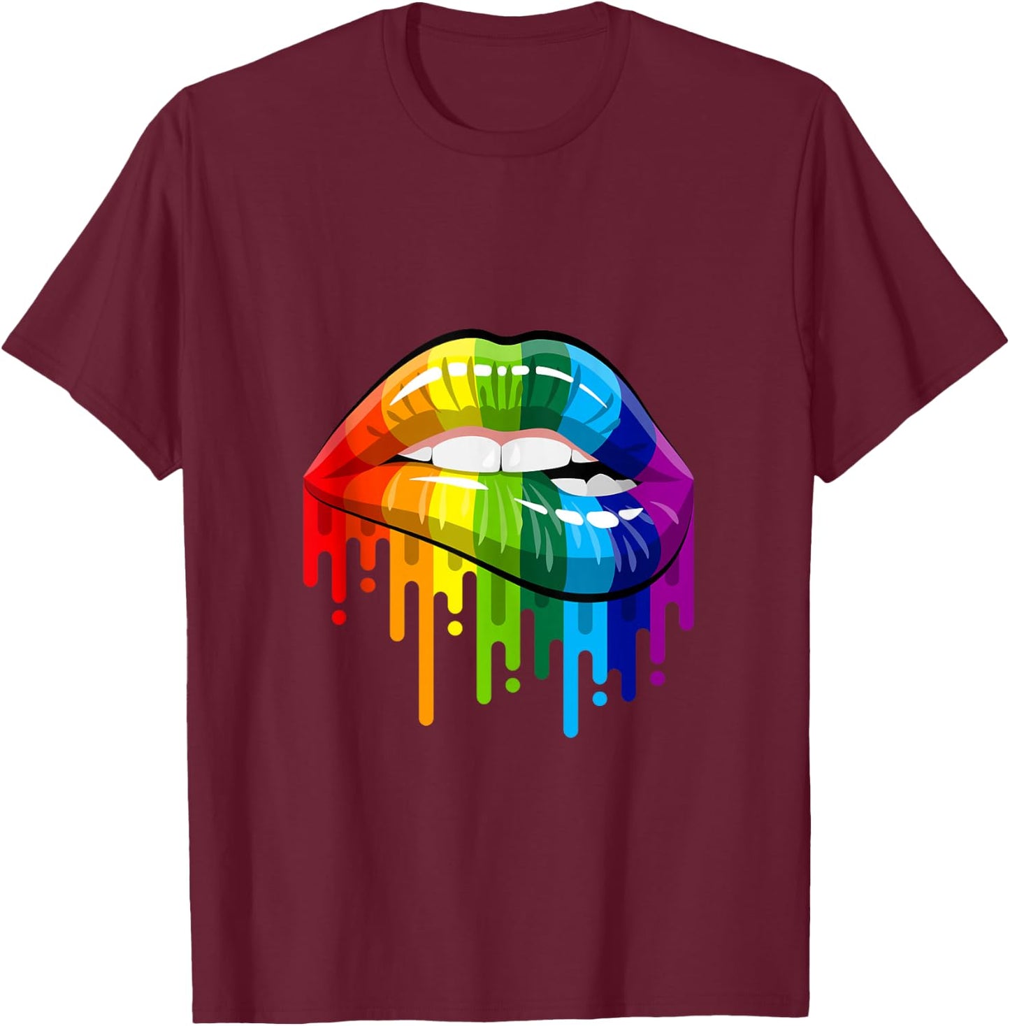 80's Sexy Colorful Graphic Lips, Women Printed Design Lips T-Shirt - T-Shirt | Maroon