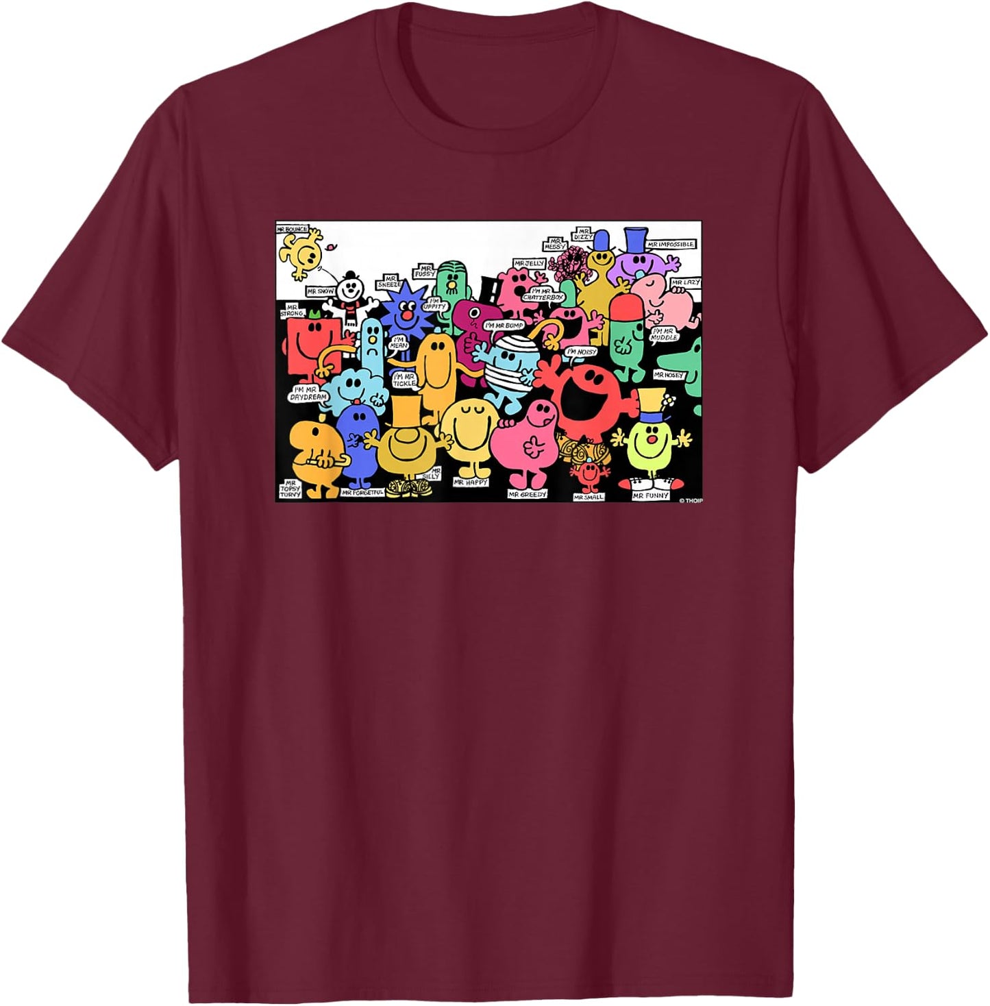 Mr. Men Little Miss Retro Colourful Comic Book Scene T-Shirt - T-Shirt | Maroon