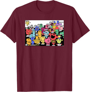 Mr. Men Little Miss Retro Colourful Comic Book Scene T-Shirt - T-Shirt | Maroon