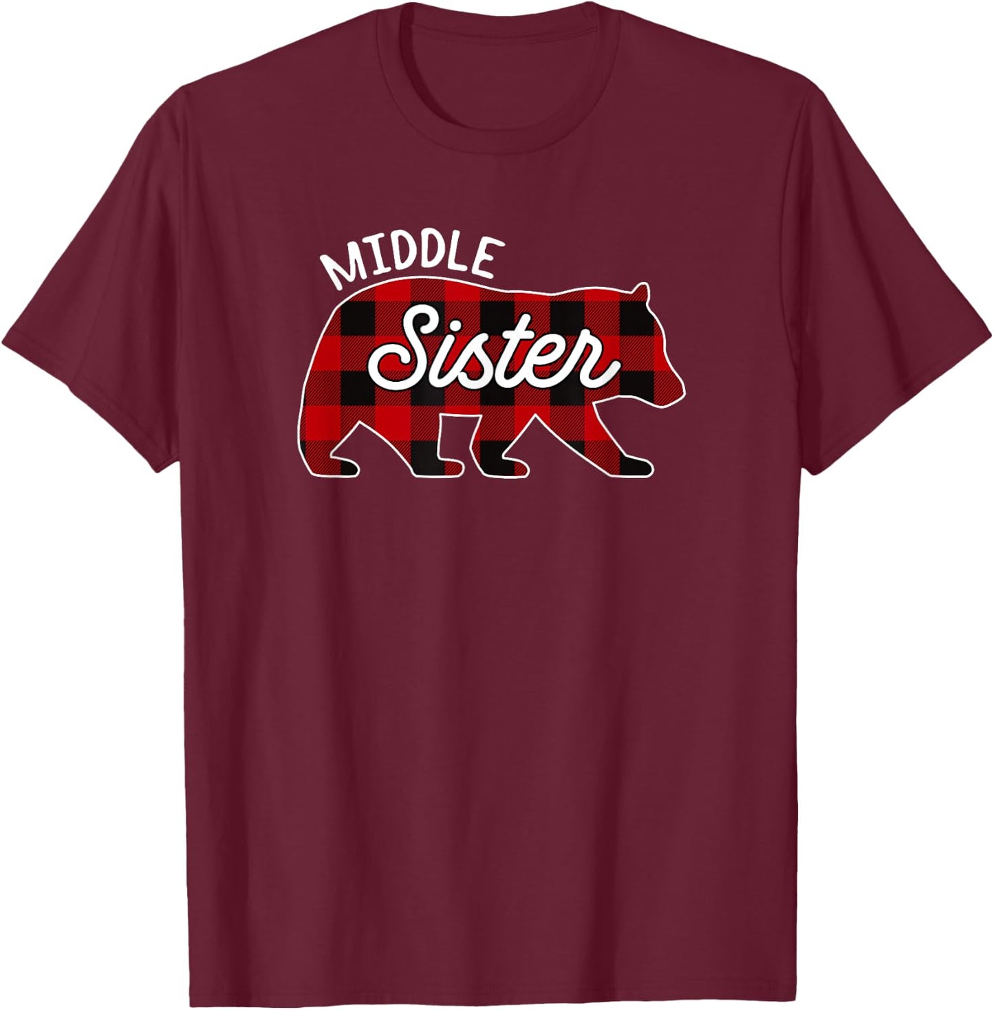 Middle Sister Bear Red Buffalo Plaid Matching Family T-Shirt - T-Shirt | Maroon