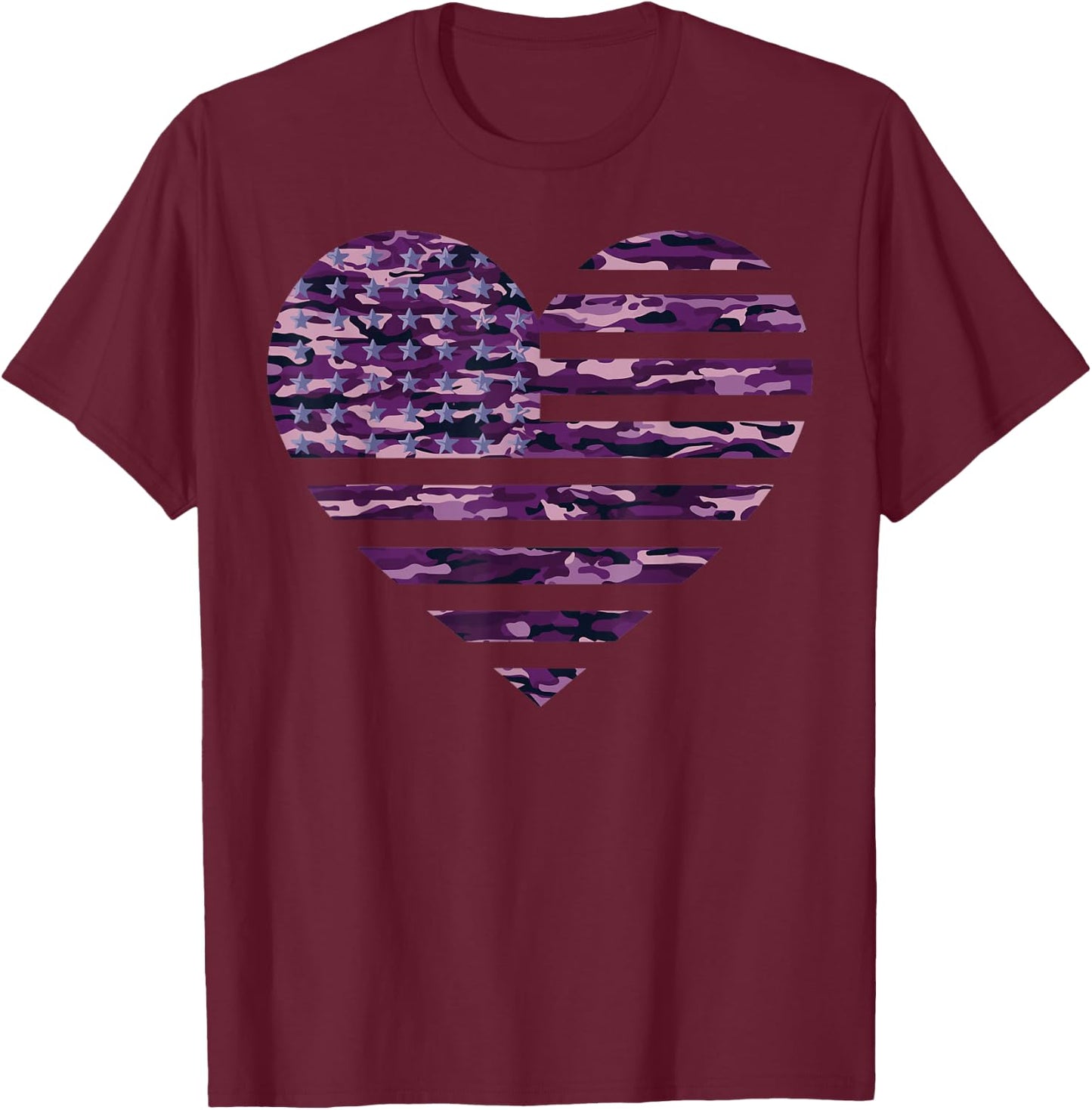 Camo American Flag Heart Camouflage Tactical Purple Military T-Shirt - T-Shirt | Maroon