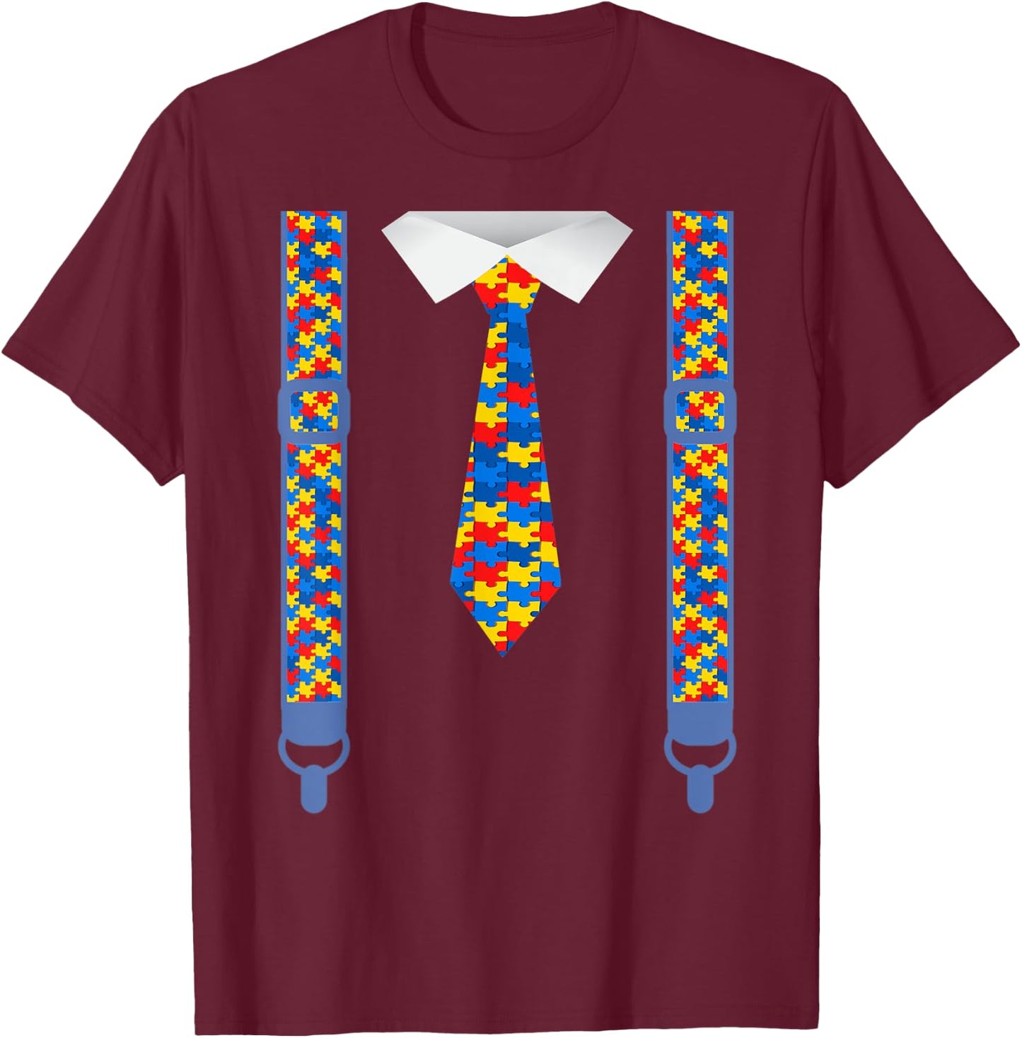 Autism awareness tie and suspenders Puzzle pieces T-Shirt - T-Shirt | Maroon