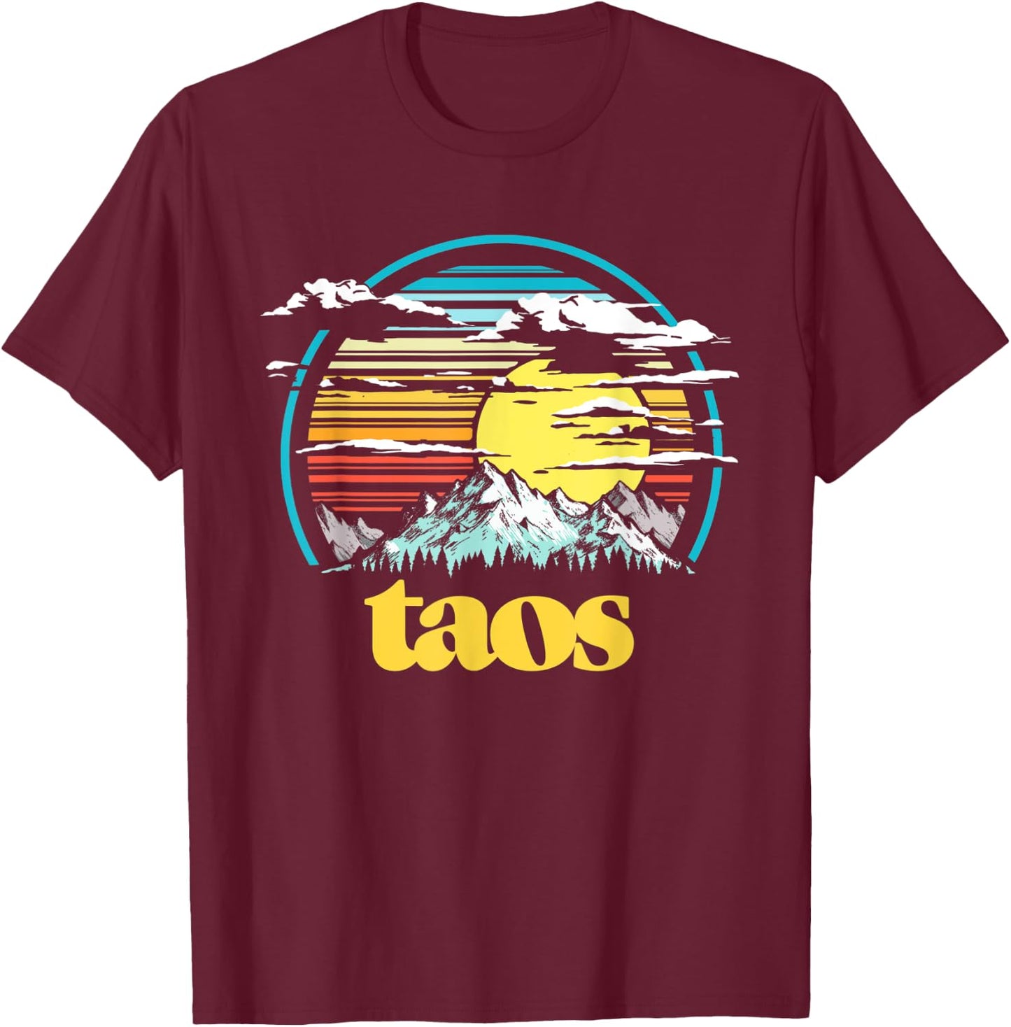 Retro Taos New Mexico Vintage 80s Style Mountains & Sun T-Shirt - T-Shirt | Maroon