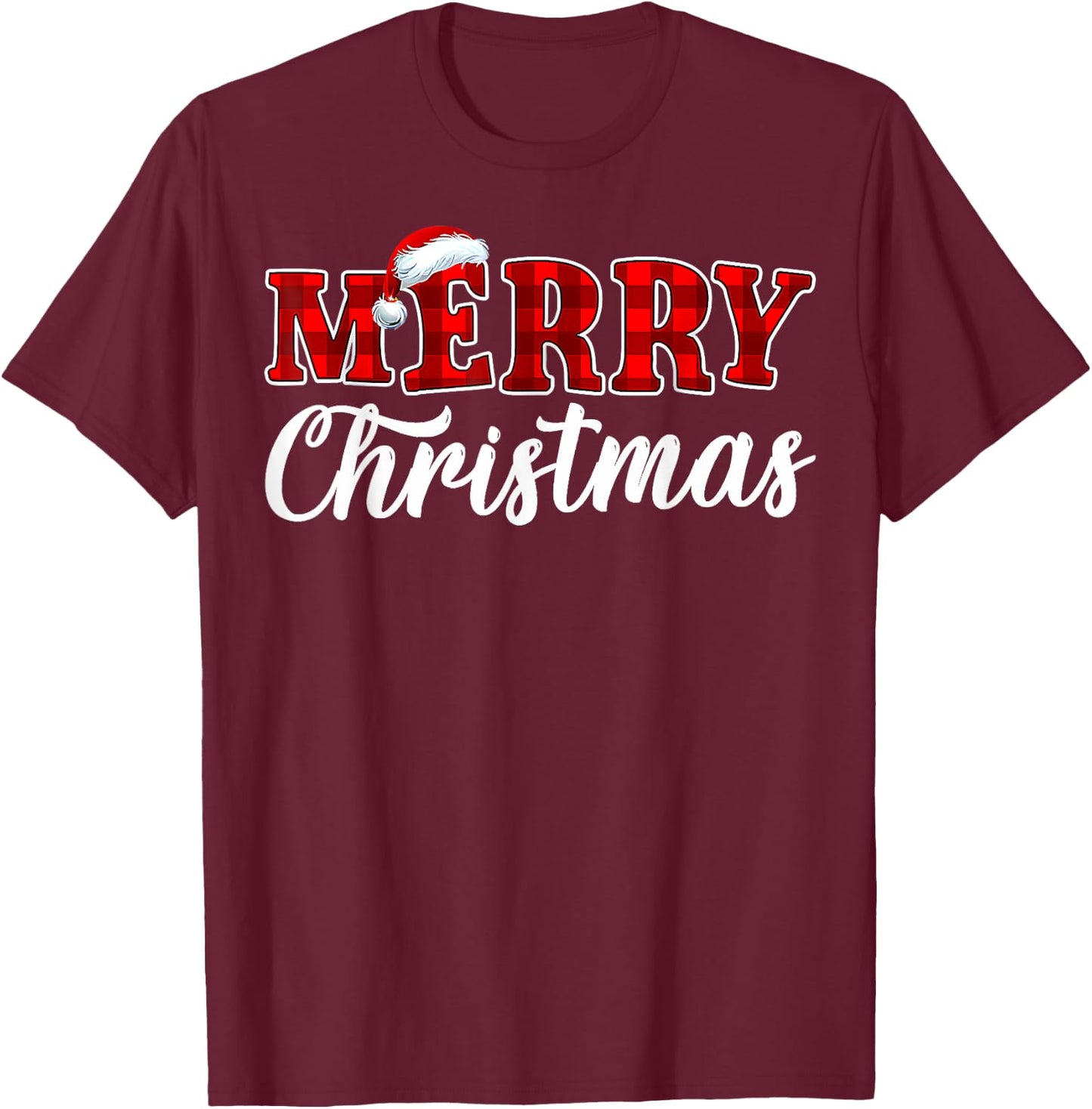 Merry Christmas Buffalo Plaid Red Santa Hat Xmas Pajamas T-Shirt - T-Shirt | Maroon