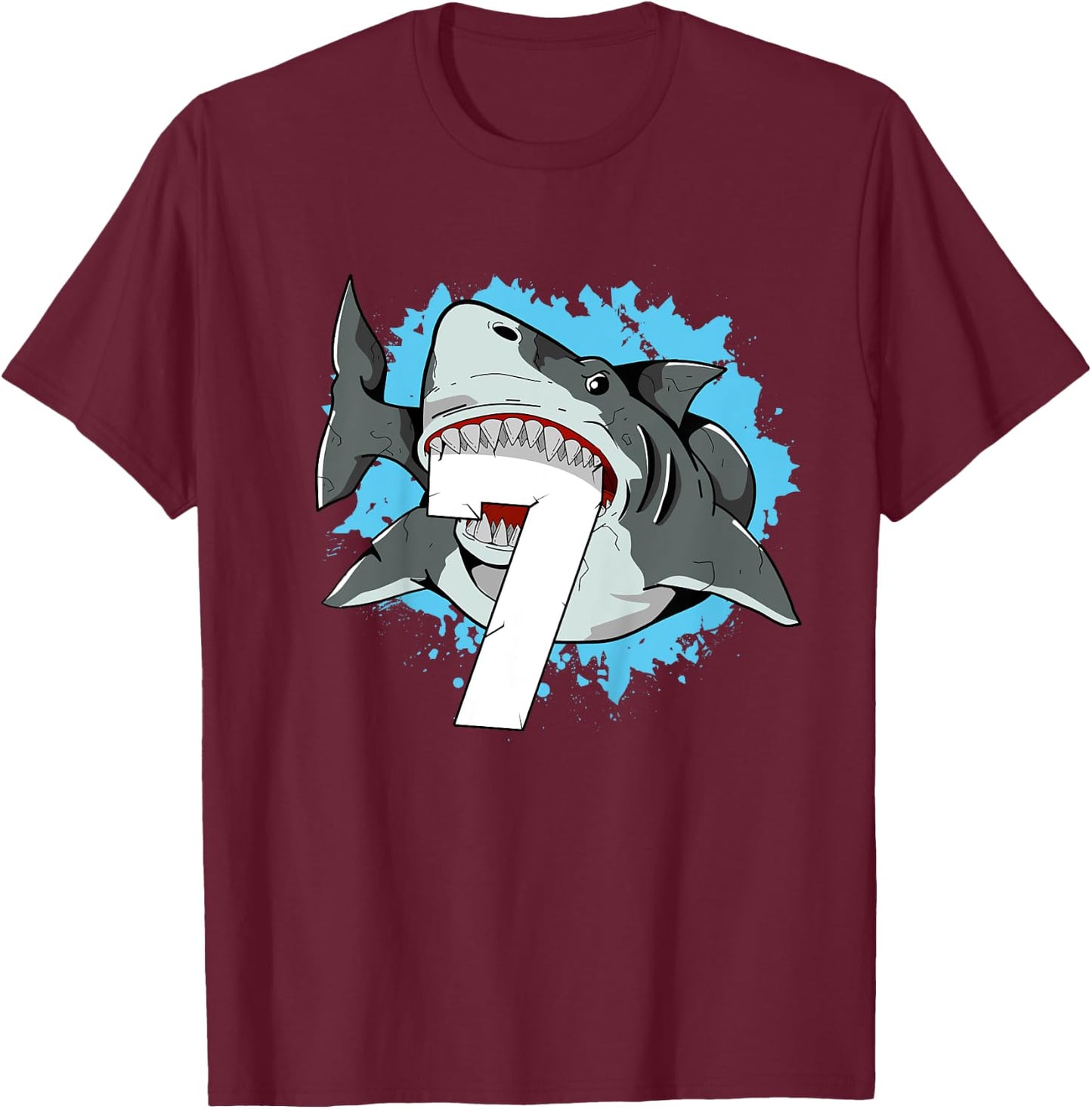 Shark 7th Birthday Boy 7 Seven Shark Theme Party T-Shirt - T-Shirt | Maroon
