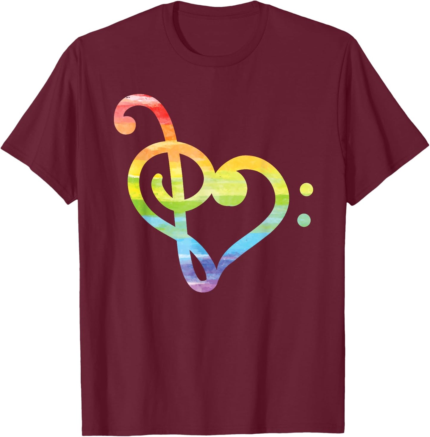 Watercolor Treble And Bass Clef Heart Rainbow T-Shirt - T-Shirt | Maroon