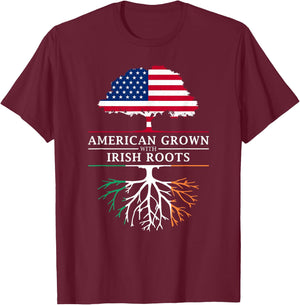 Family Heritage Gifts -Adults Black Short Sleeve Classic Modern Lace Embellishment - American Grown with Irish Roots - Ireland T-Shirt - T-Shirt | Maroon