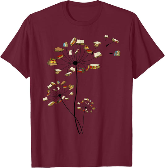 Cute Dandelion Books Flower Fly Reading Fan Club Gift T-Shirt - T-Shirt | Maroon