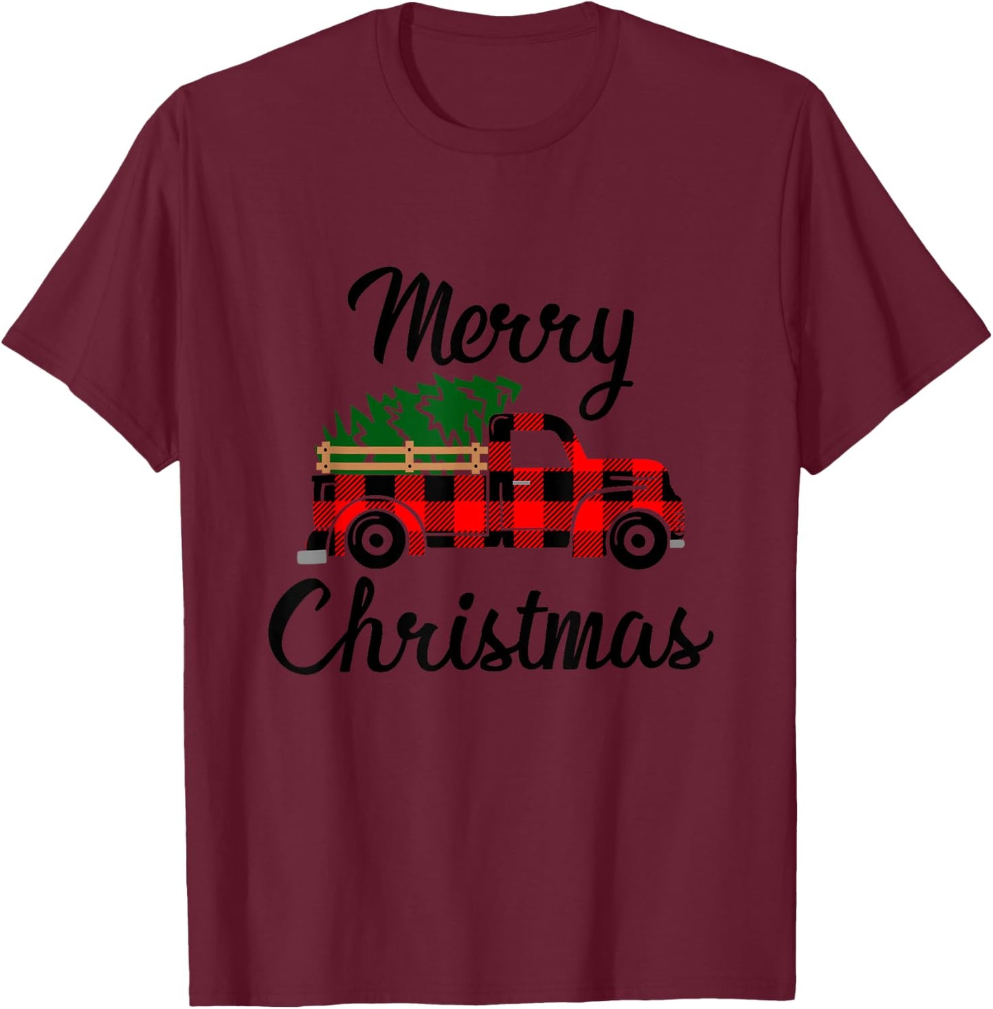 Merry Christmas - Tree On Buffalo Plaid Truck T-Shirt - T-Shirt | Maroon