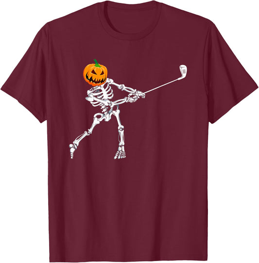Skeleton Golf Halloween Pumpkin Golfing Golfer T-Shirt - T-Shirt | Maroon