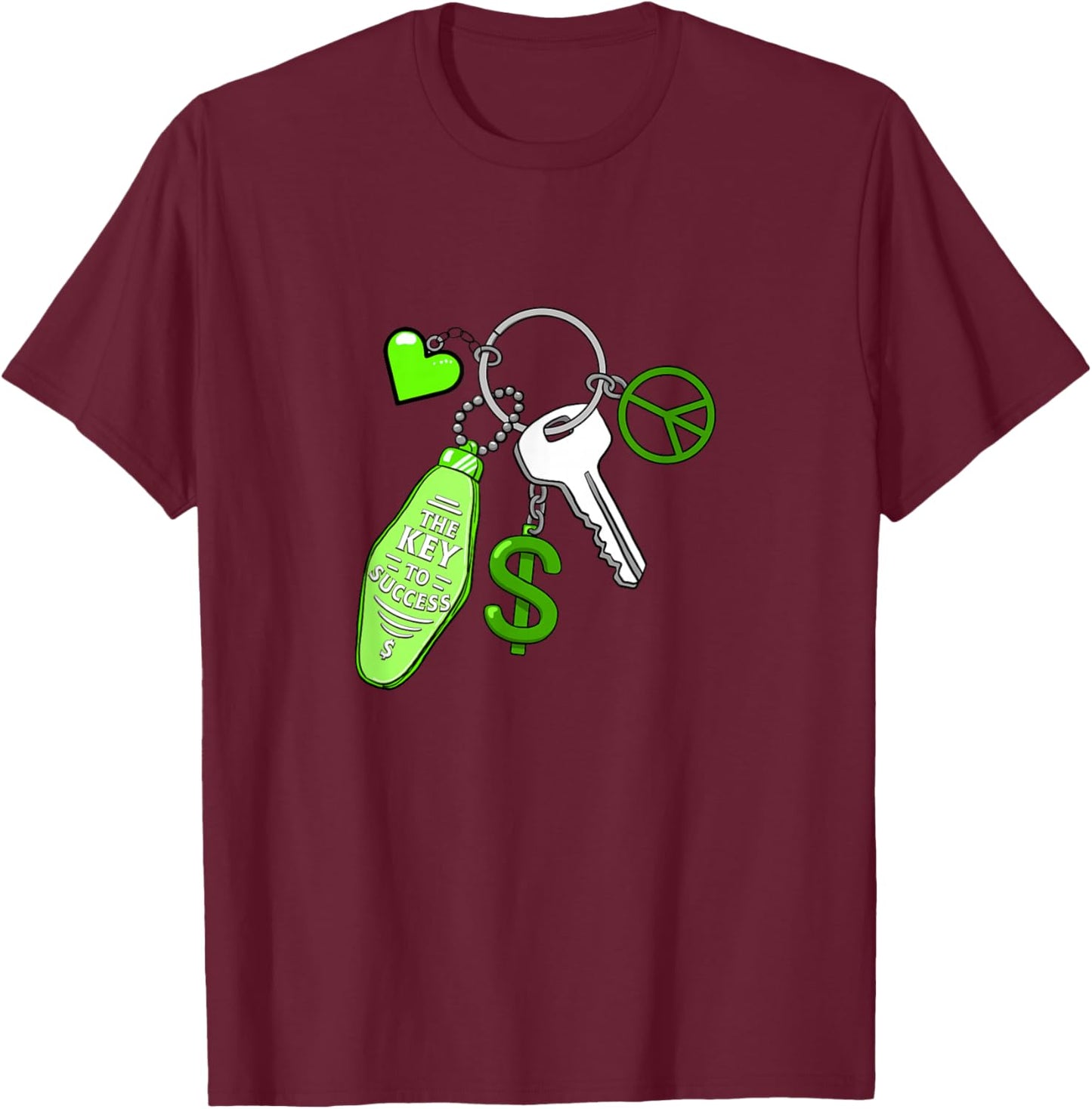 Green Color Success Keys Love Peace Money Graphic T-Shirt - T-Shirt | Maroon