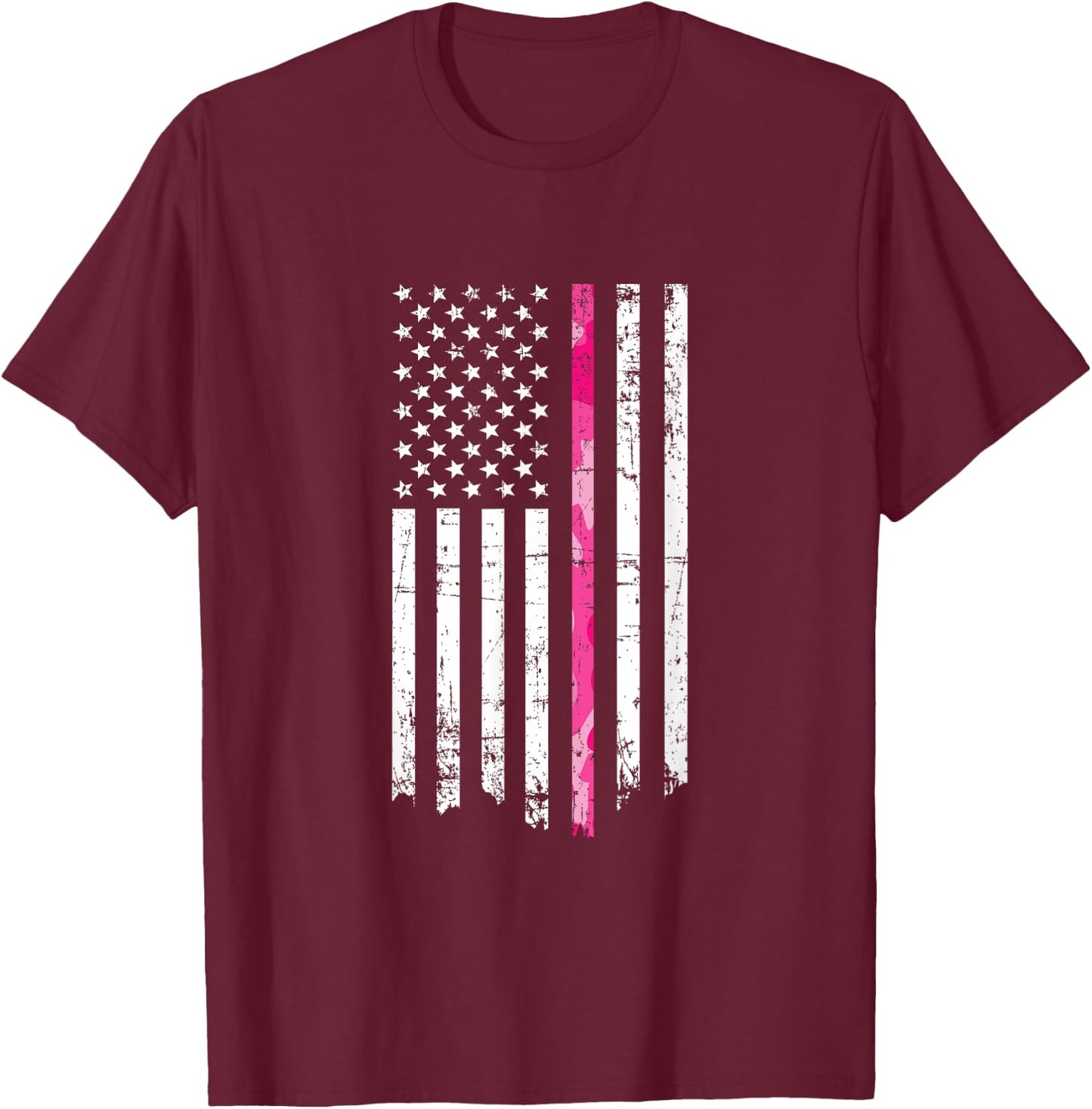 Pink Camouflage Stripe Breast Cancer American Flag Men T-Shirt - T-Shirt | Maroon