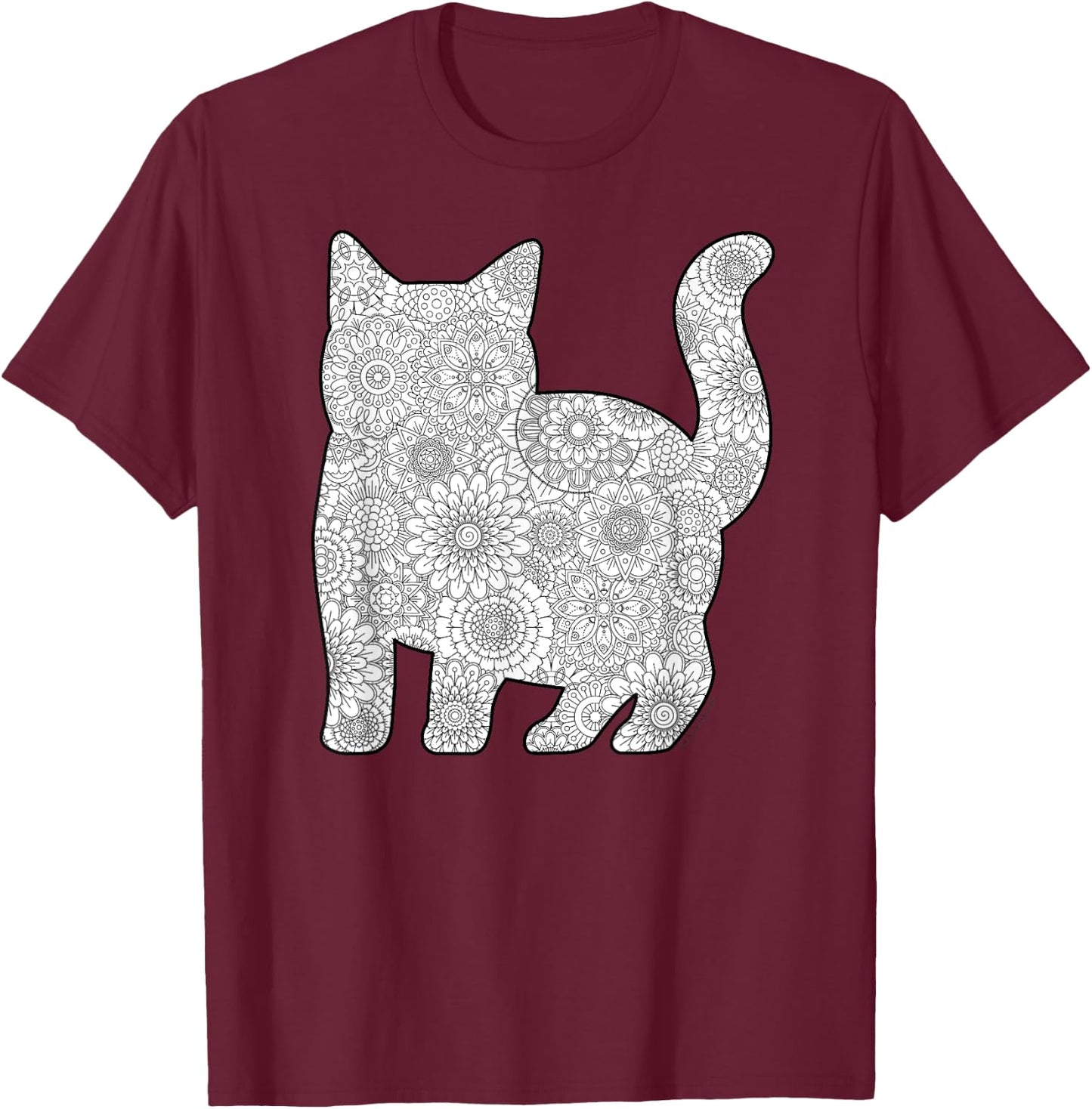 Adult Coloring Book - CAT Mandala Flowers T-Shirt - T-Shirt | Maroon