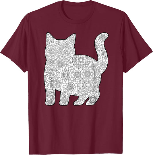 Adult Coloring Book - CAT Mandala Flowers T-Shirt - T-Shirt | Maroon