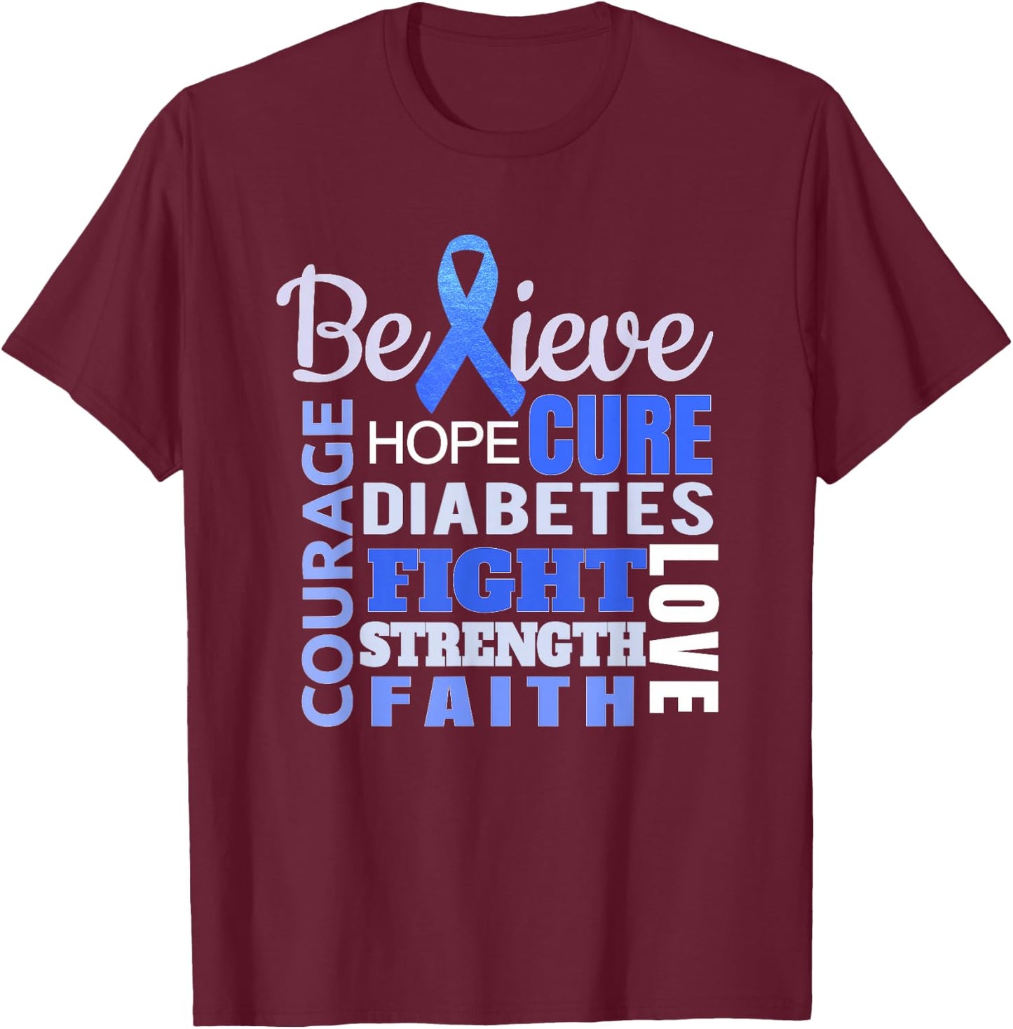 Diabetes Awareness T Shirt Blue Ribbon Diabetes Word Shirt T-Shirt - T-Shirt | Maroon