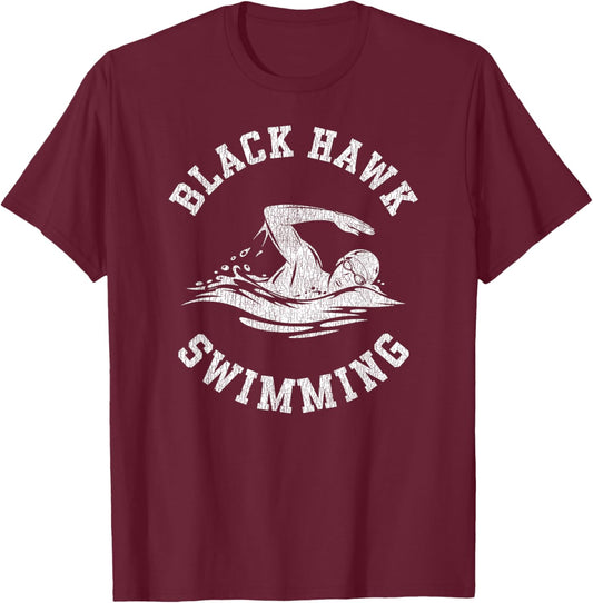 Black Hawk Swimming Retro Distressed Swim Team Graphic T-Shirt - T-Shirt | Maroon