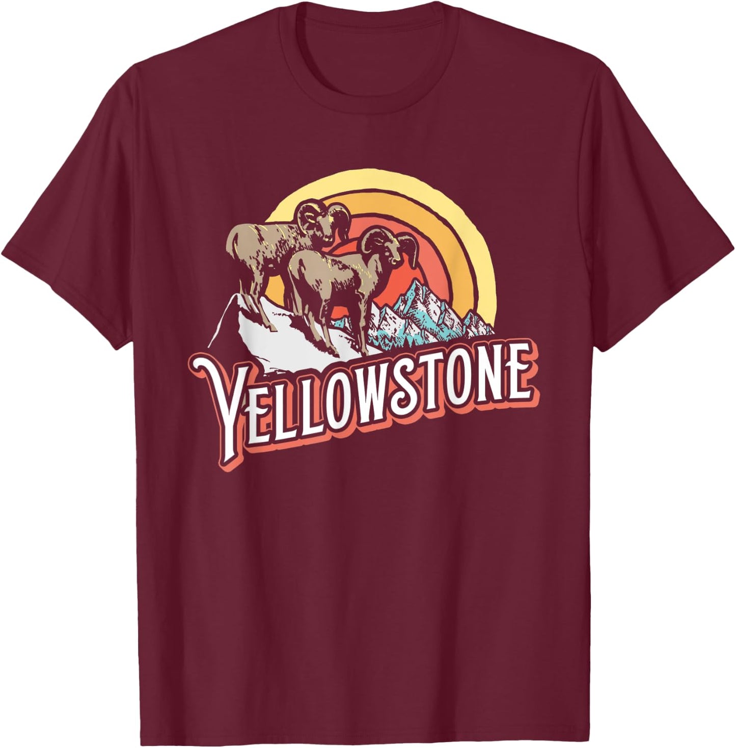 Vintage Big Horned Sheep Yellowstone Sun & Mountain Graphic T-Shirt - T-Shirt | Maroon