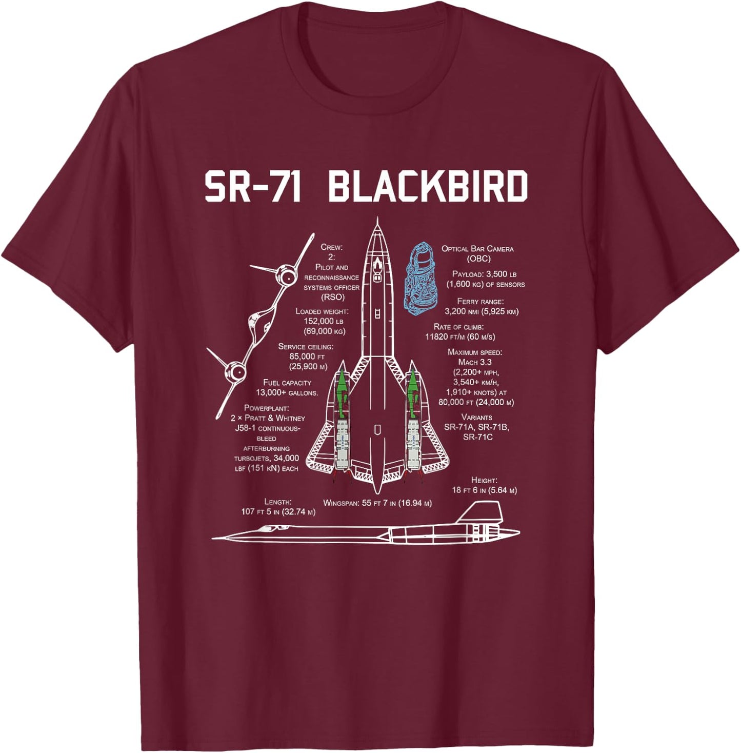 SR-71 Blackbird Specs T Shirt Shirt T-Shirt - T-Shirt | Maroon