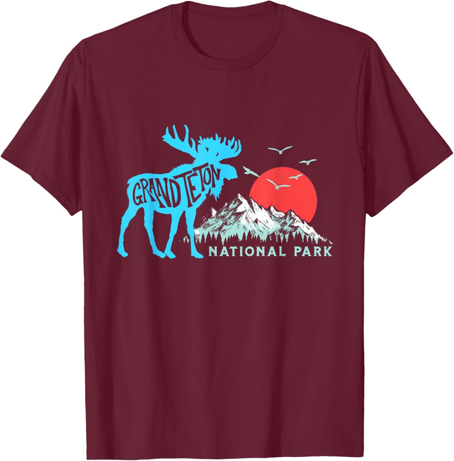 Grand Teton National Park Moose & Mountains Typography T-Shirt - T-Shirt | Maroon