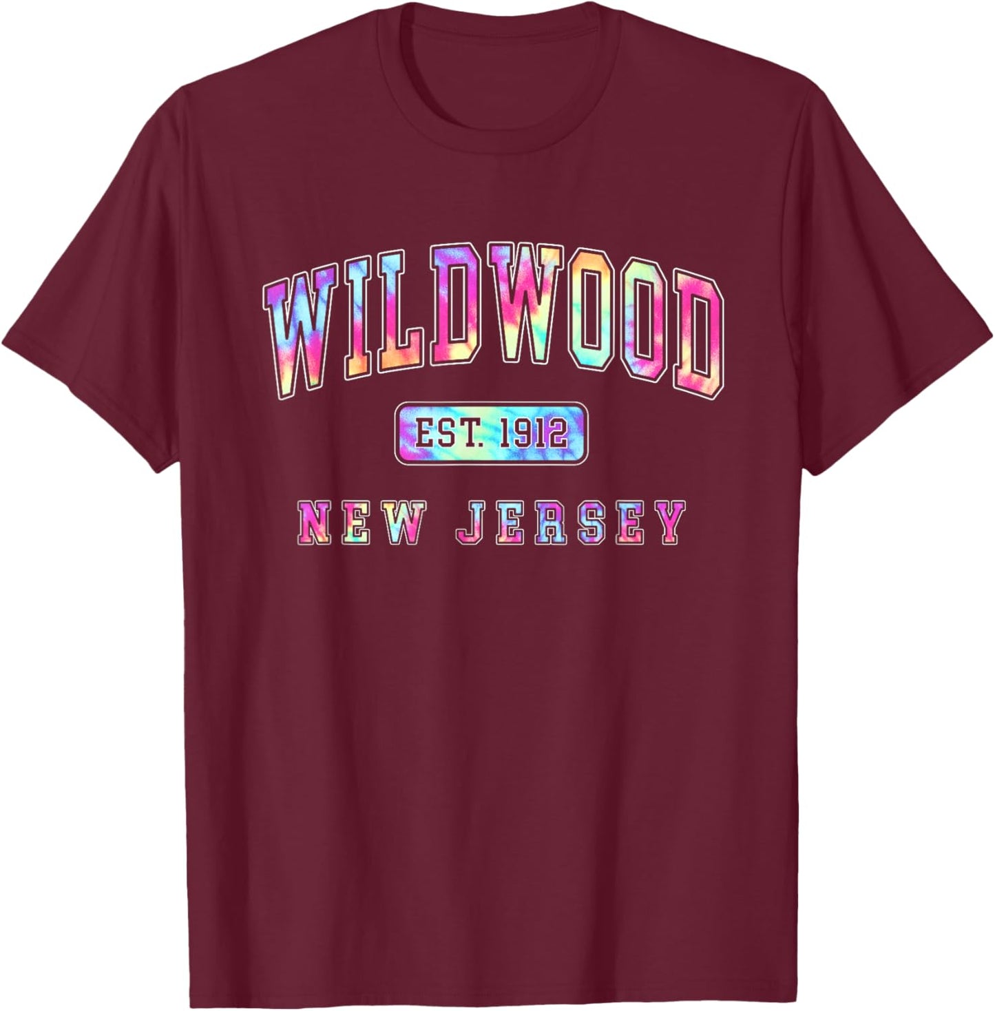 Wildwood New Jersey Shore Tie Dye Collegiate Summer Beach T-Shirt - T-Shirt | Maroon