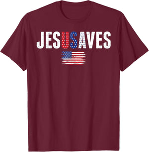 Jesus Saves USA American Flag Patriotic Christian 4th July T-Shirt - T-Shirt | Maroon