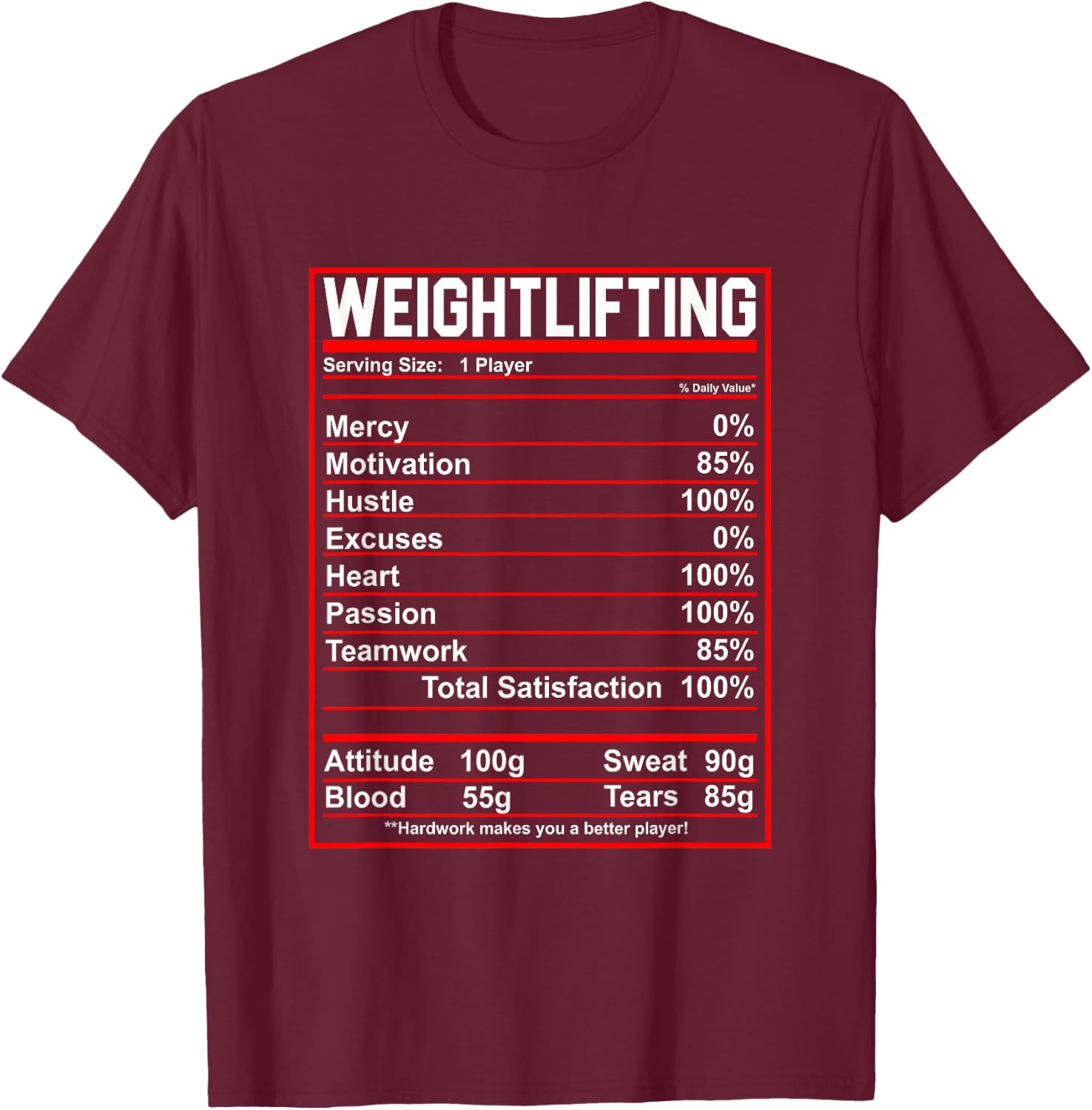 Funny Weightlifting Nutrition Facts Bodybuilding T-Shirt - T-Shirt | Maroon