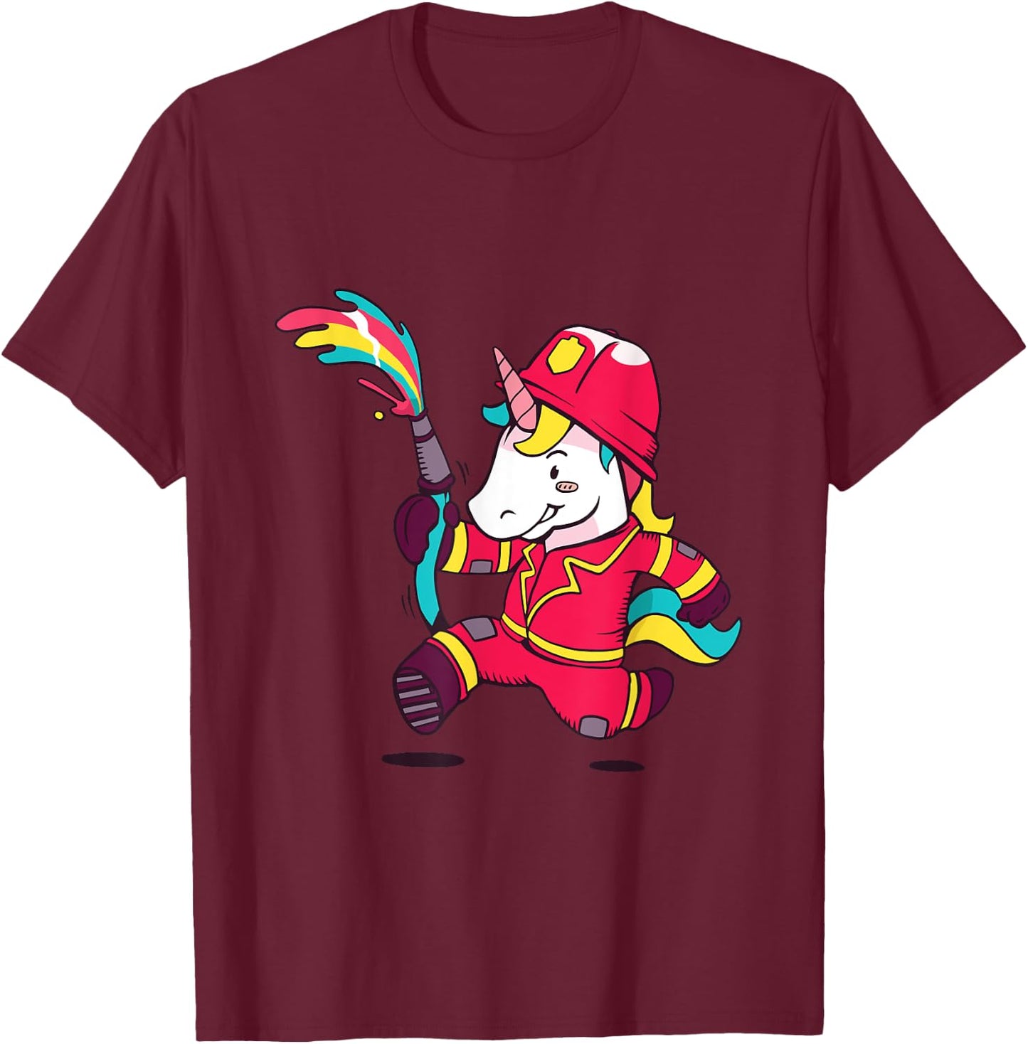 Cute Unicorn Fireman Cartoon Rainbow Unicorn T-Shirt - T-Shirt | Maroon