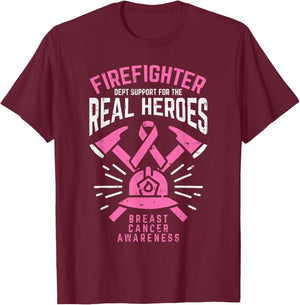Firefighter Support Real Heroes Breast Cancer Awareness Gift T-Shirt - T-Shirt | Maroon