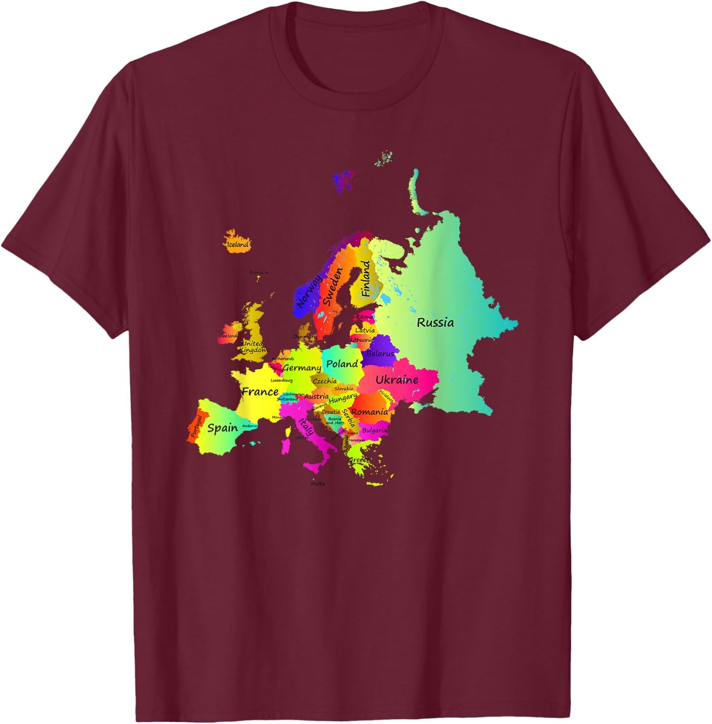 Europe map with boundaries and countries names T-Shirt - T-Shirt | Maroon