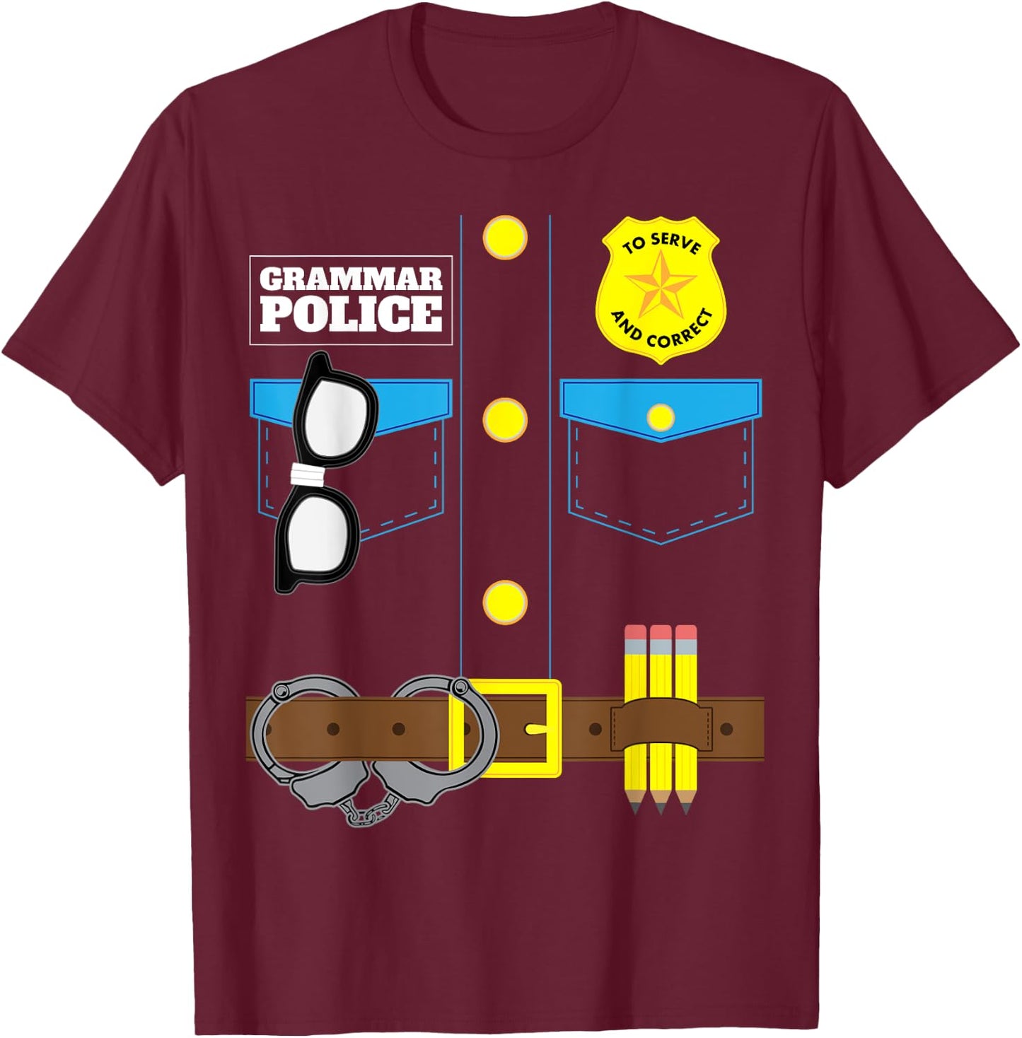 Grammar Police Costume Funny Halloween Pair with Jail Inmate T-Shirt - T-Shirt | Maroon