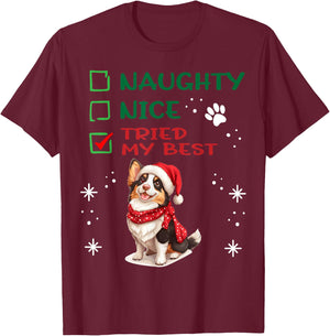 Cute Cardigan Welsh Corgi Dog Christmas Naughty Nice Tried T-Shirt - T-Shirt | Maroon