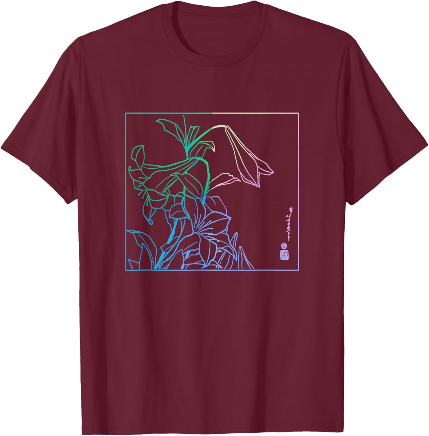 Lilies Japanese Art Print Hokusai Woodblock Japanese Art T-Shirt - T-Shirt | Maroon
