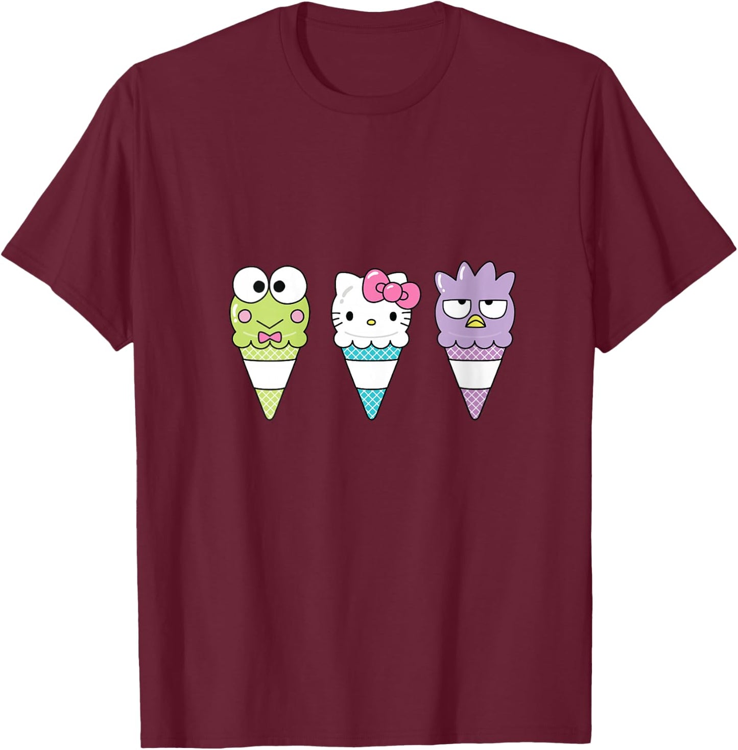 Hello Sanrio Keroppi Hello Kitty Badtz-Maru Ice Cream Cone V-Neck T-Shirt - T-Shirt | Maroon